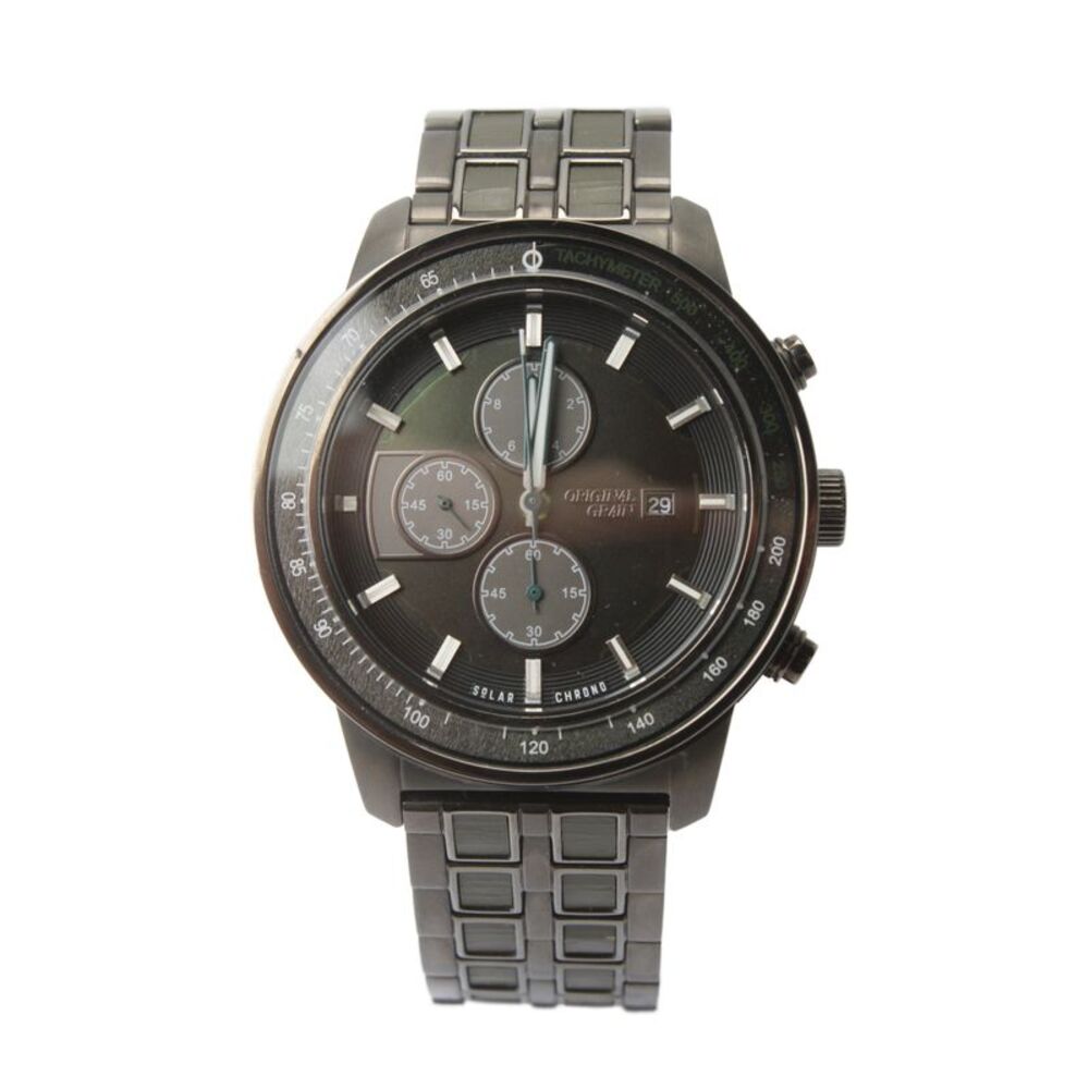 Original Grain Mens Gray S-Steel Green Barrel Chronograph Solar Watch 45mm